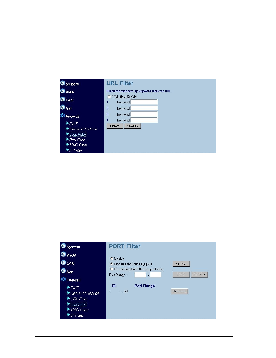 Url filter, Port filter | Zonet Technology ZSR0104C Series User Manual | Page 39 / 63