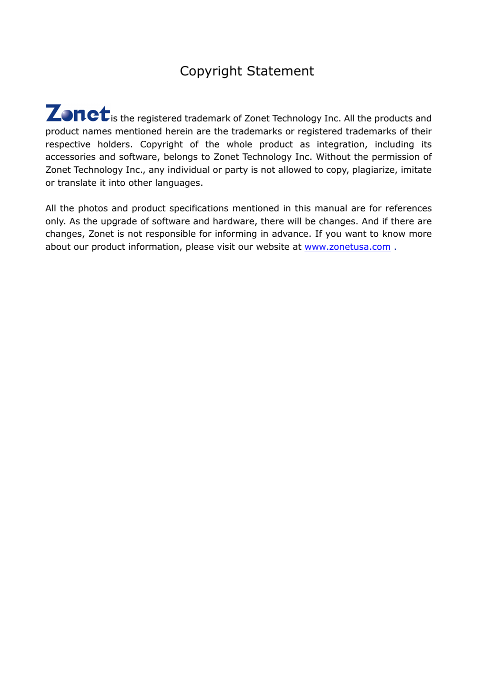 Copyright statement | Zonet Technology ZEW3003 User Manual | Page 2 / 28