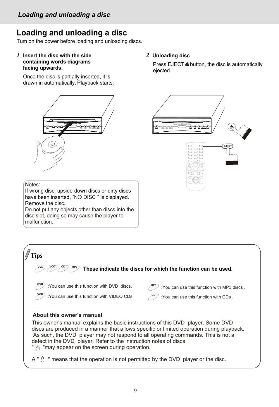Seite12, Loading and unloading a disc, Tips | Yamakawa DVD-MP12i User Manual | Page 12 / 29