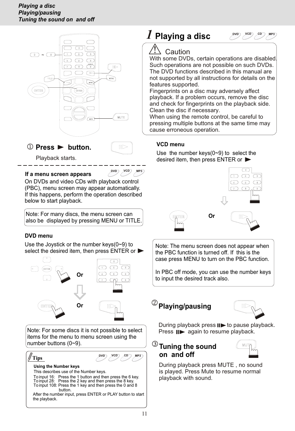Seite14, Playing a disc, Caution | Press button, Playing/pausing, Tuning the sound on and off | Yamakawa DVD-MP12i User Manual | Page 14 / 29