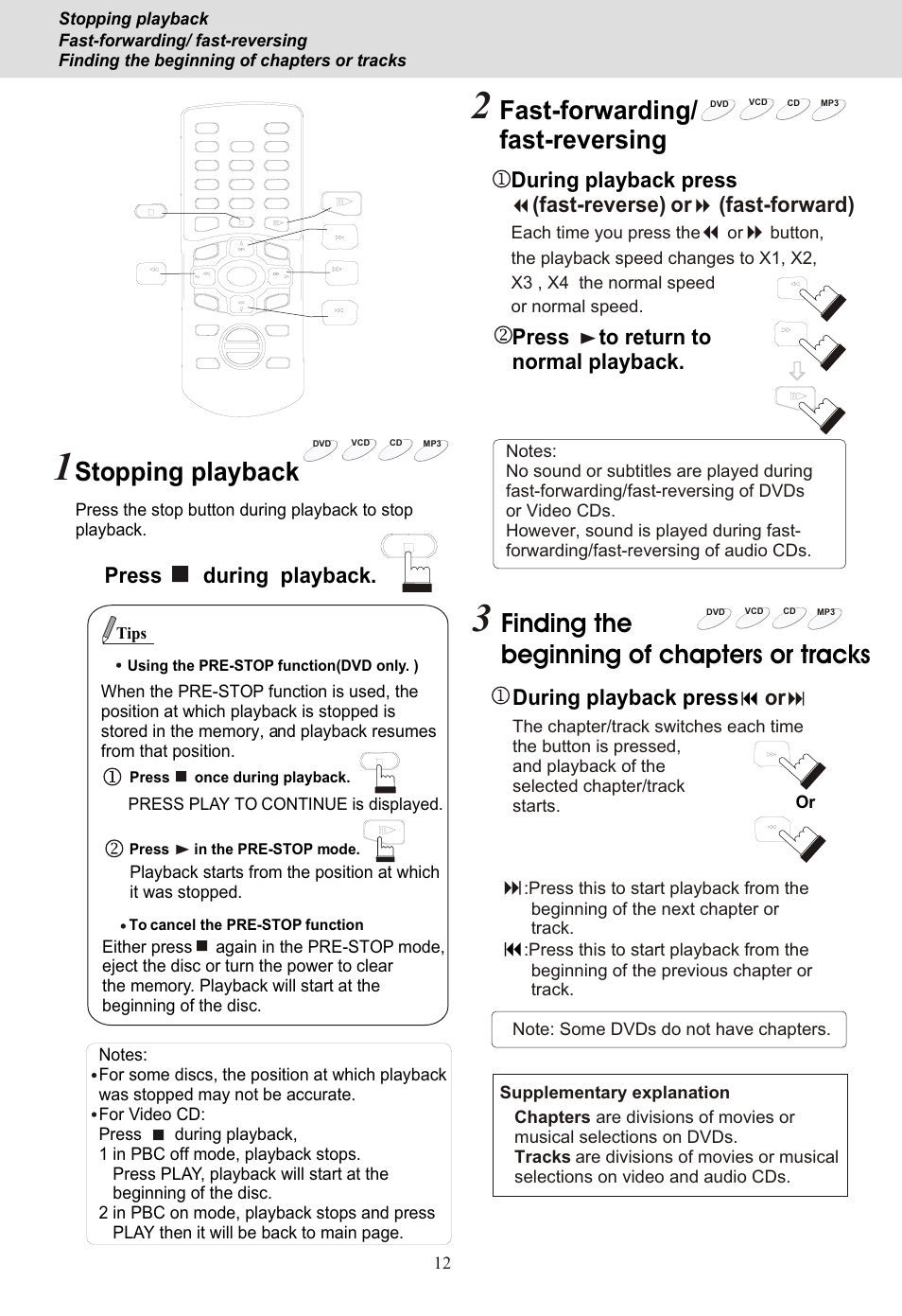 Seite15, Stopping playback, Fast-forwarding/ fast-reversing | Finding the beginning of chapters or tracks, Press during playback, During playback press 7 (fast-reverse), Or 8 (fast-forward), 7 8 press to return to normal playback, During playback press 9 | Yamakawa DVD-MP12i User Manual | Page 15 / 29