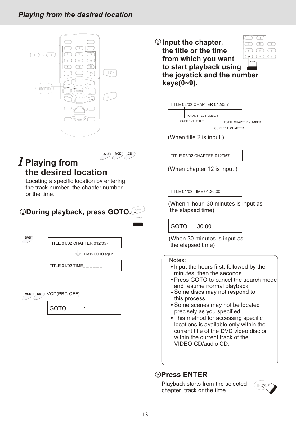 Seite16, Playing from the desired location, During playback, press goto | Press enter | Yamakawa DVD-MP12i User Manual | Page 16 / 29
