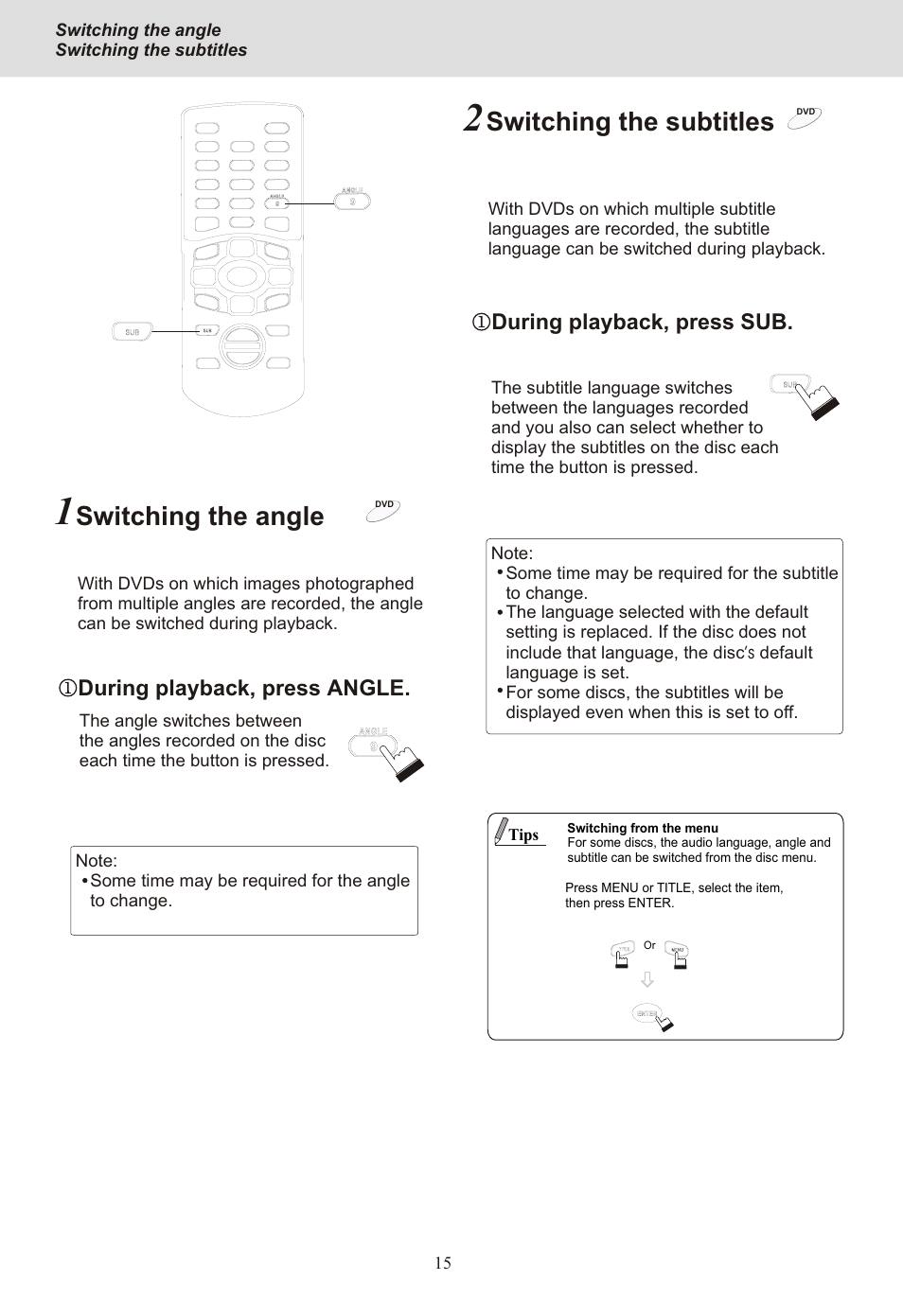 Seite18, Switching the angle, Switching the subtitles | During playback, press angle, During playback, press sub | Yamakawa DVD-MP12i User Manual | Page 18 / 29