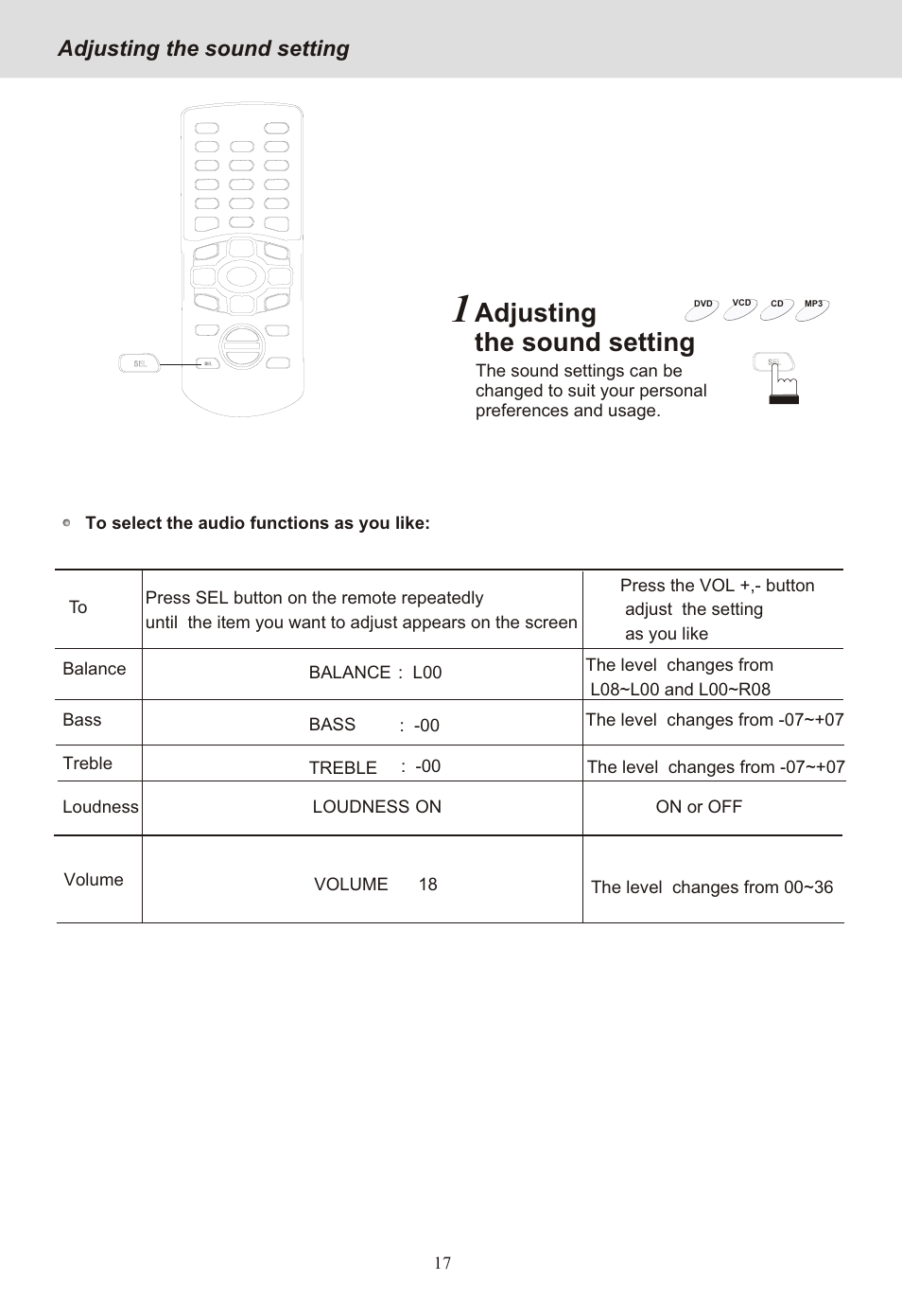 Seite20, Adjusting the sound setting | Yamakawa DVD-MP12i User Manual | Page 20 / 29
