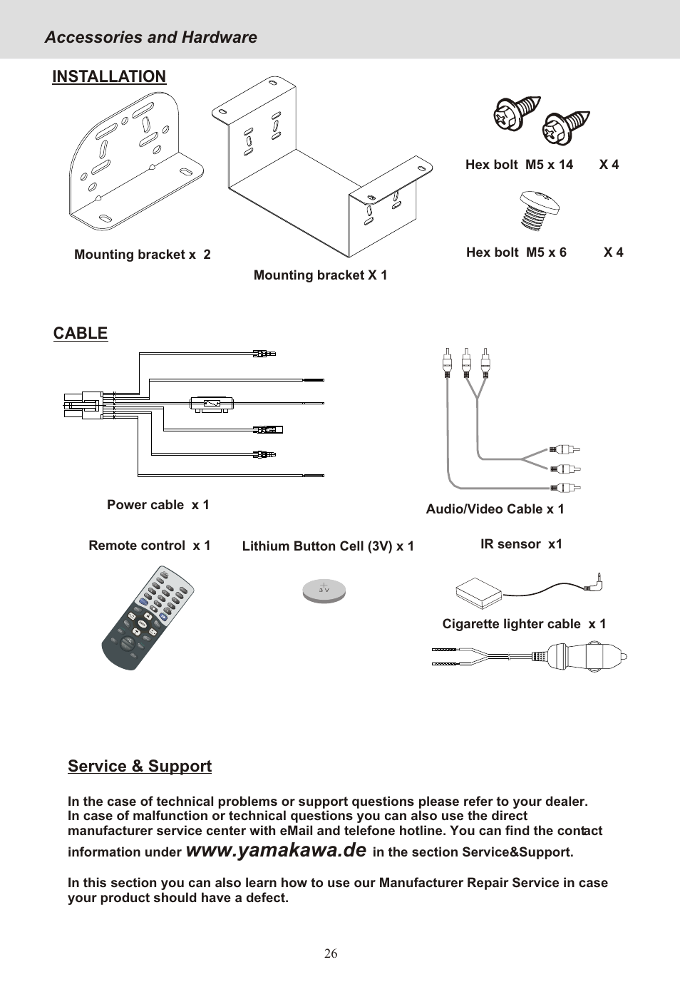 Seite29, Accessories and hardware, Cable | Installation, Service & support, Cigarette lighter cable x 1 | Yamakawa DVD-MP12i User Manual | Page 29 / 29