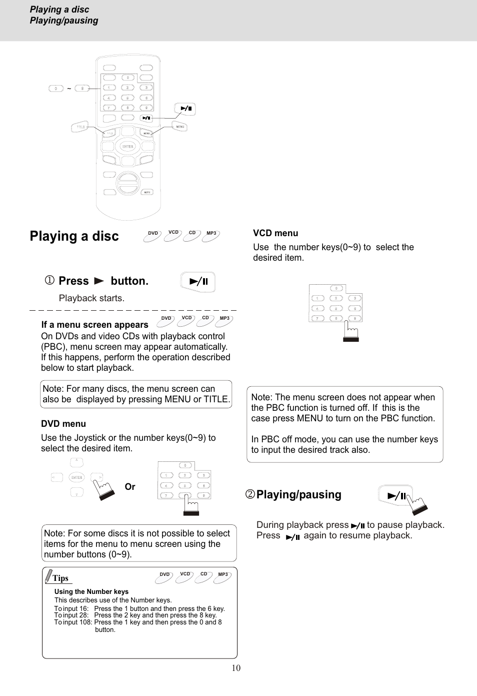 Seite13, Playing a disc, Press button | Playing/pausing | Yamakawa MP-28 User Manual | Page 13 / 21