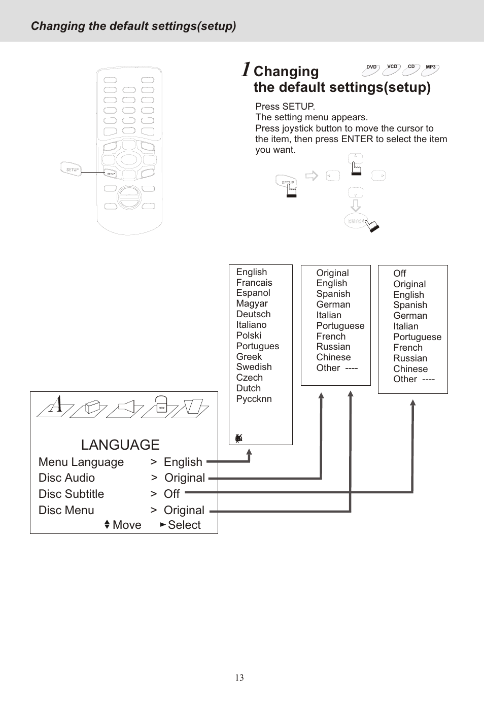 Seite16, Changing the default settings(setup), Language | Yamakawa MP-28 User Manual | Page 16 / 21