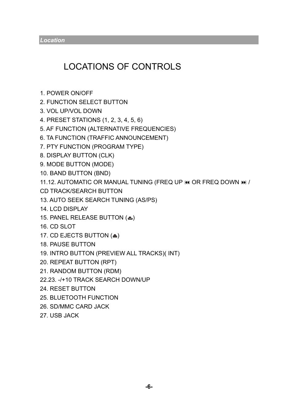 Locations of controls | Yamakawa M2180 User Manual | Page 6 / 24