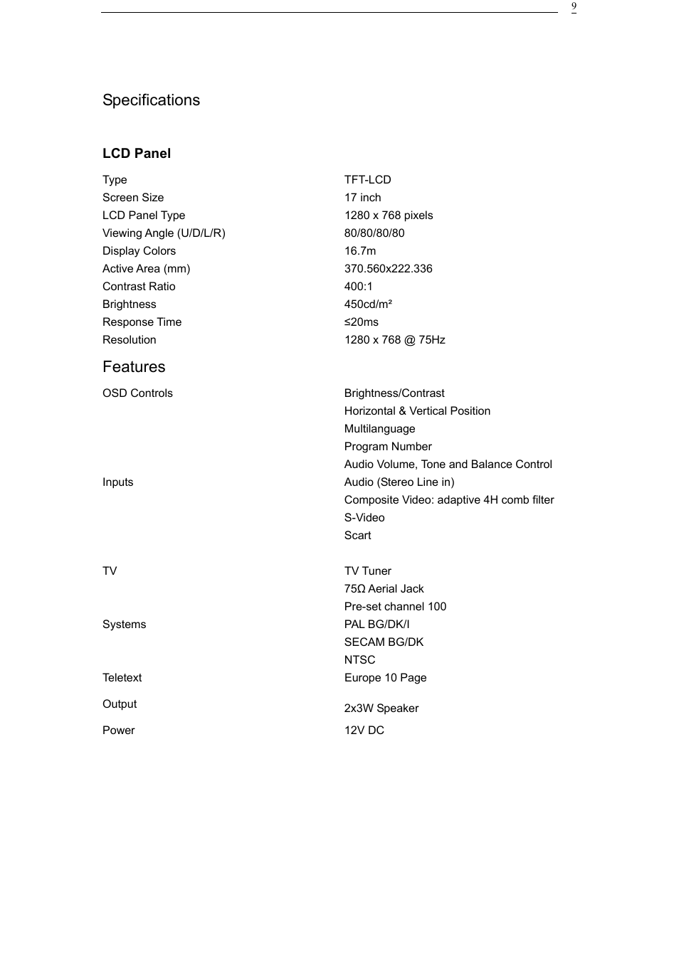 Specifications, Features | Yamakawa LM-17W / LT-17W User Manual | Page 12 / 14