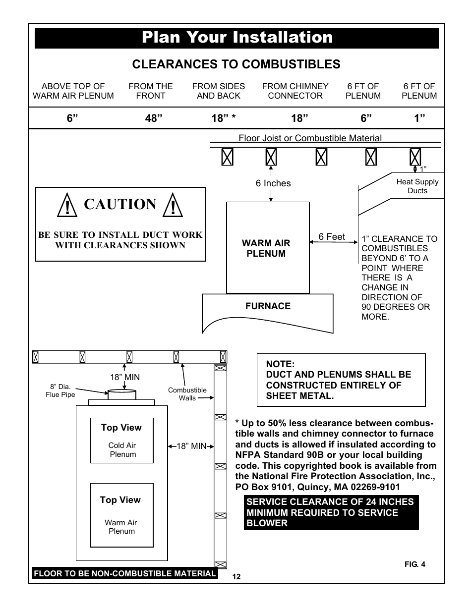 Plan your installation, Caution, Clearances to combustibles | Yukon Advanced Optics Oil Furnace User Manual | Page 12 / 64