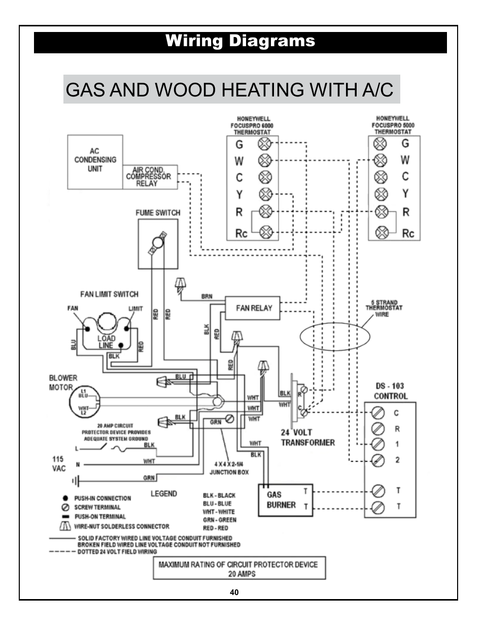 Gas and wood heating with a/c, Wiring diagrams | Yukon Advanced Optics Oil Furnace User Manual | Page 40 / 64