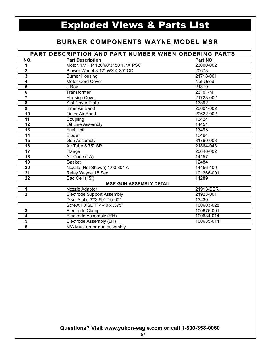 Exploded views & parts list | Yukon Advanced Optics Oil Furnace User Manual | Page 57 / 64