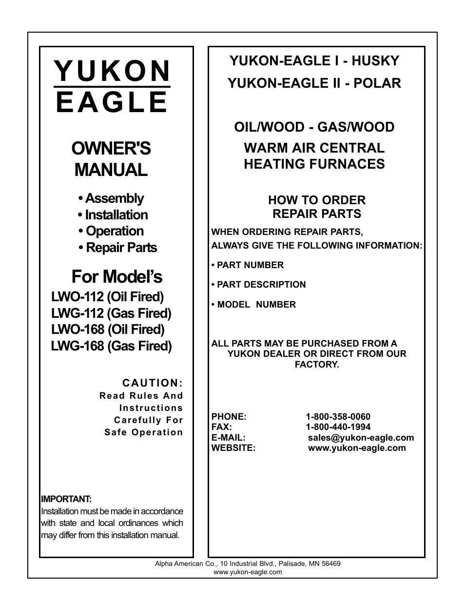 Owner's manual, For model’s, Assembly • installation • operation • repair parts | Yukon Advanced Optics Oil Furnace User Manual | Page 64 / 64