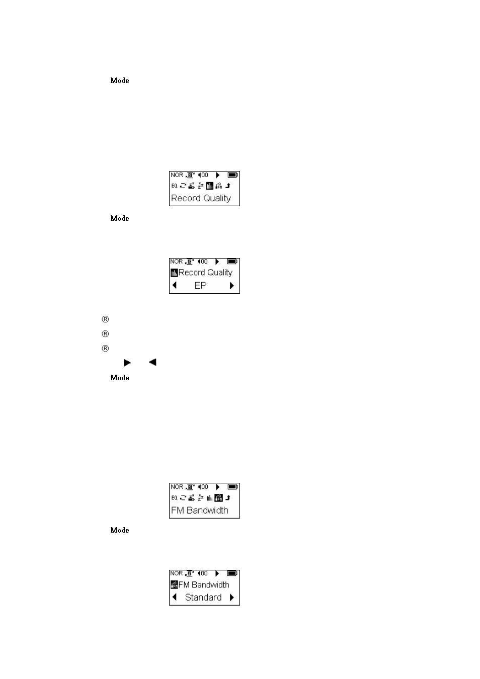 Settings menu option 5—record quality, Settings menu option 6—fm bandwidth | X-Micro Tech. 220 User Manual | Page 19 / 27