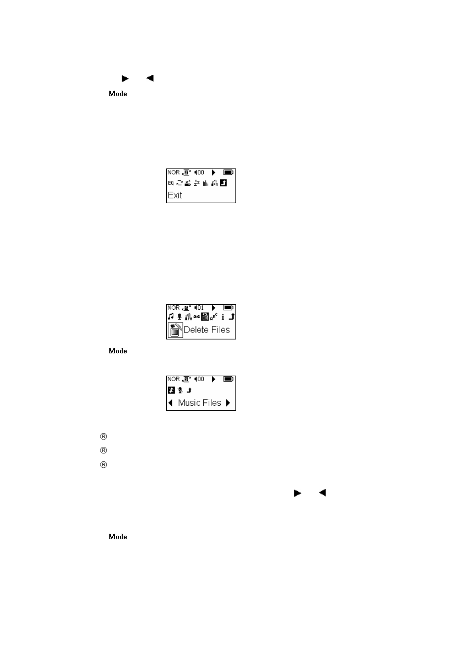 Settings menu option 7—exit, Menu mode option 4 – delete files | X-Micro Tech. 220 User Manual | Page 20 / 27