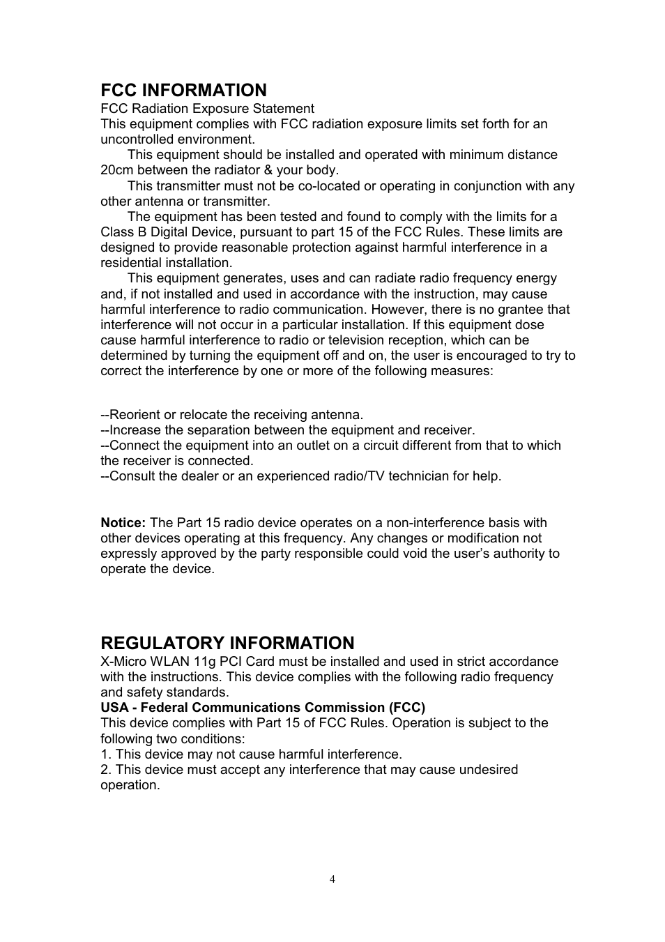 Fcc information, Regulatory information | X-Micro Tech. PCI Adapter fxmicro User Manual | Page 4 / 23