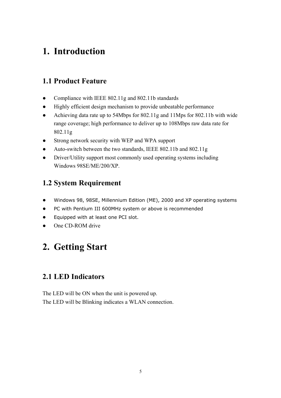 Introduction, Getting start, 1 product feature | 2 system requirement, 1 led indicators | X-Micro Tech. PCI Adapter fxmicro User Manual | Page 5 / 23