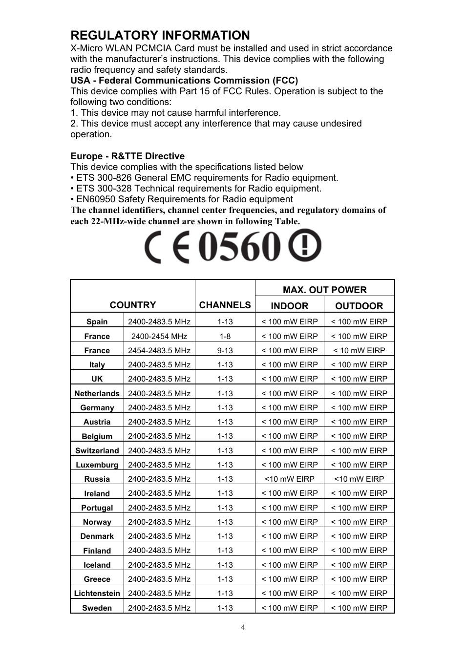 Regulatory information | X-Micro Tech. IEEE 802.11b User Manual | Page 4 / 17