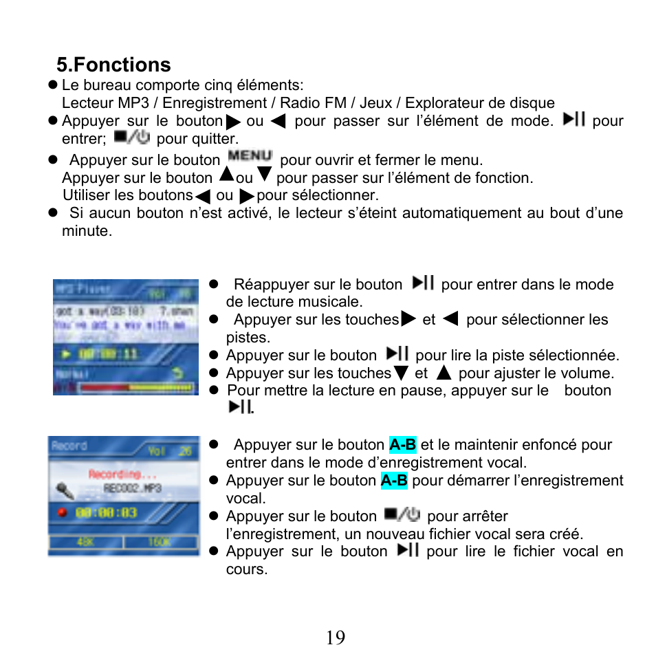 Fonctions | X-Micro Tech. XMP3-N20GFT 210C User Manual | Page 20 / 72