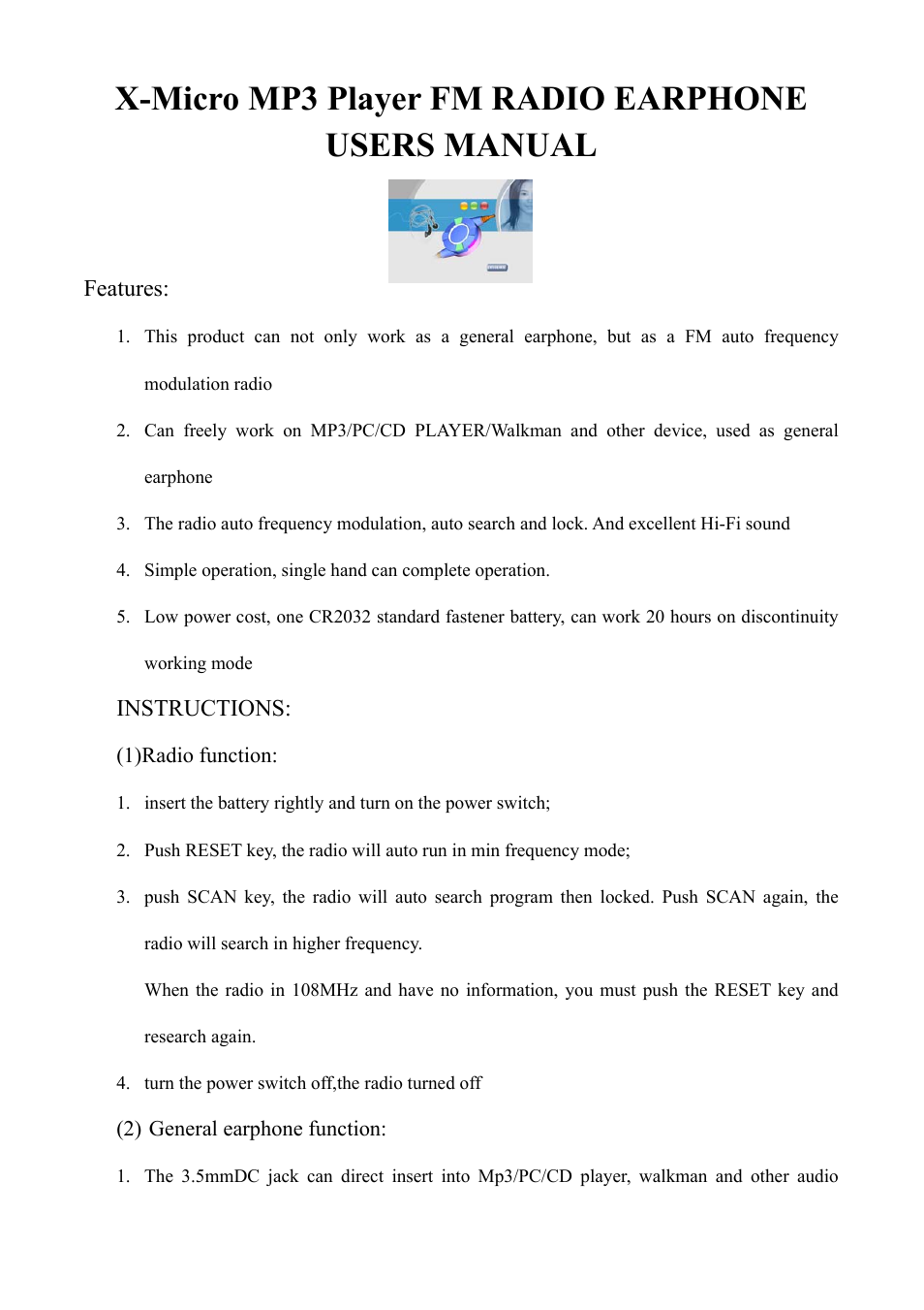 X-Micro Tech. P3 Player FM RADIO EARPHONE User Manual | 2 pages