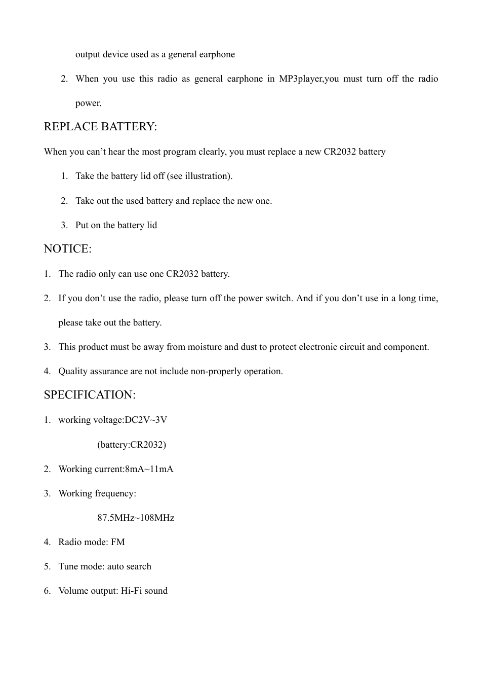 Replace battery, Notice, Specification | X-Micro Tech. P3 Player FM RADIO EARPHONE User Manual | Page 2 / 2