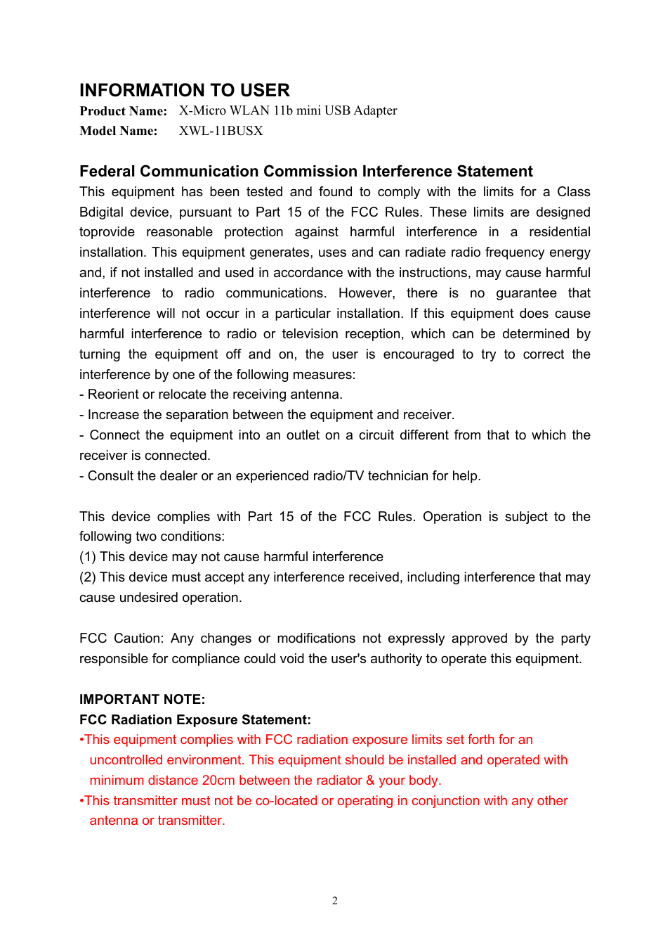 Information to user | X-Micro Tech. 11b mini User Manual | Page 3 / 22