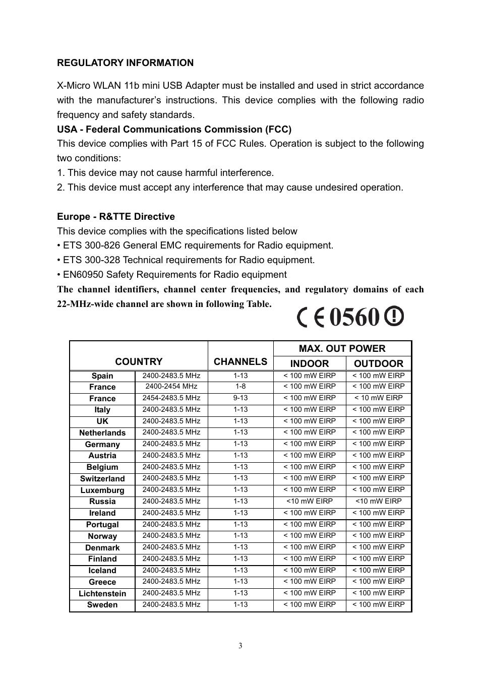 Regulatory information, Country channels indoor outdoor | X-Micro Tech. 11b mini User Manual | Page 4 / 22