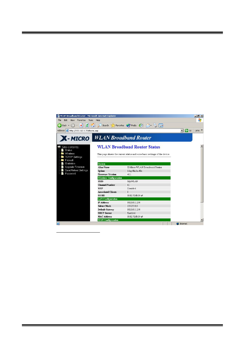 Connect to the x-micro wlan 11b broadband router, Status, Onnect to the | Icro, Wlan, Roadband, Outer, Anagement and configuration on the, Tatus, 2 connect to the x-micro wlan 11b broadband router | X-Micro Tech. WL-1502 User Manual | Page 14 / 42