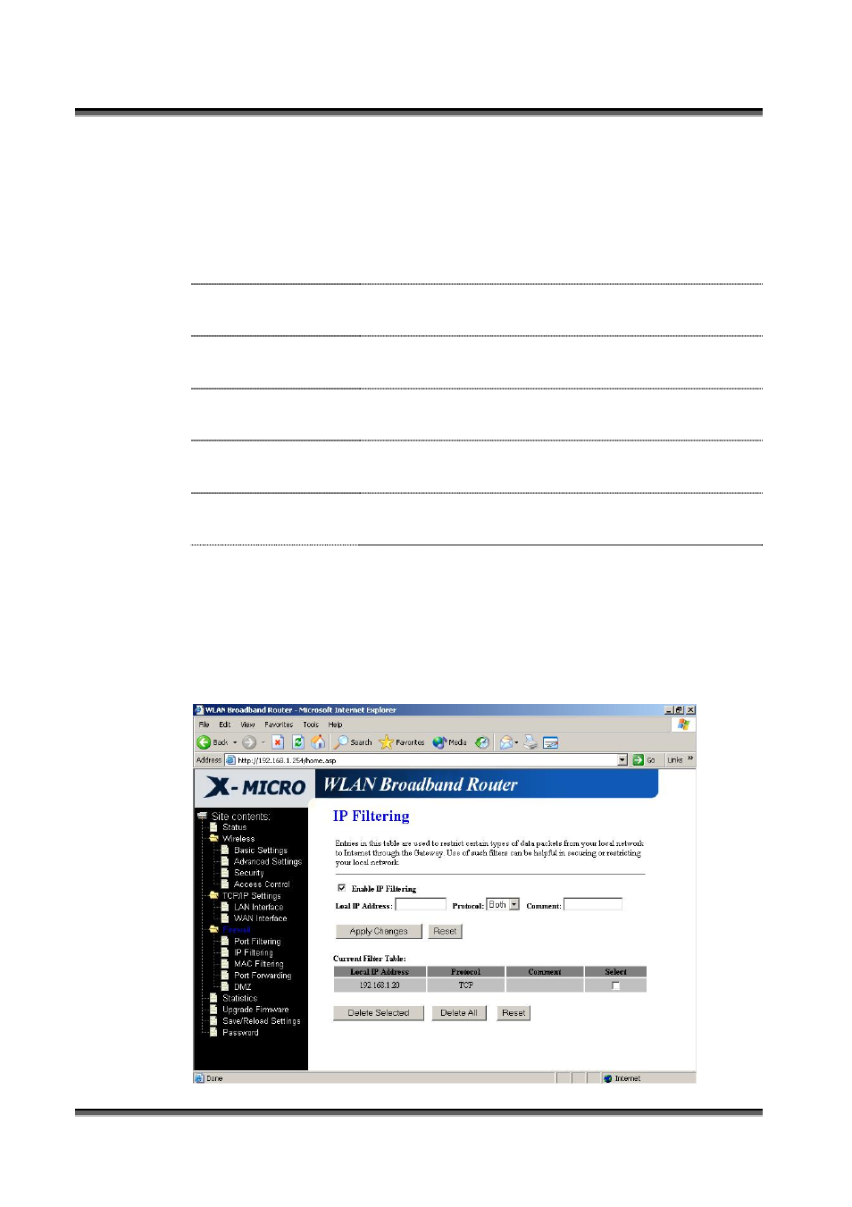 Firewall - ip filtering, Irewall, Iltering | 9 firewall - ip filtering | X-Micro Tech. WL-1502 User Manual | Page 27 / 42