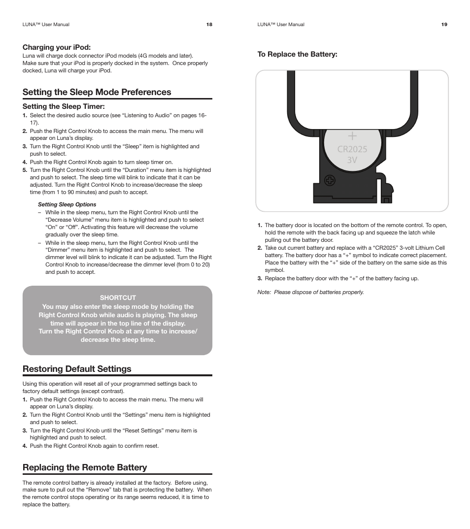 Setting the sleep mode preferences, Restoring default settings, Replacing the remote battery | XtremeMac Luna Room Audio System User Manual | Page 10 / 13