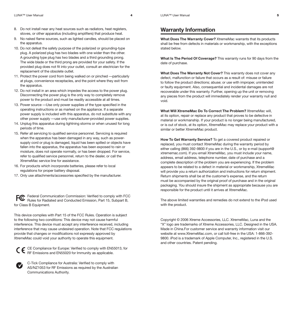 Warranty information | XtremeMac Luna Room Audio System User Manual | Page 3 / 13