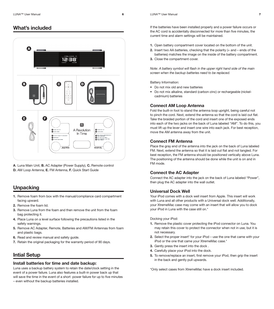 What’s included, Unpacking, Intial setup | XtremeMac Luna Room Audio System User Manual | Page 4 / 13