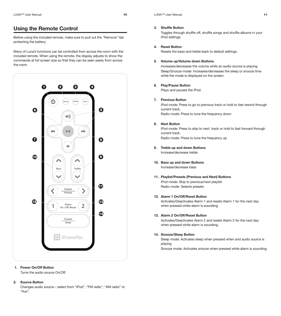 Using the remote control | XtremeMac Luna Room Audio System User Manual | Page 6 / 13