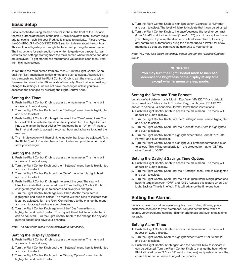 Basic setup, Setting the alarms | XtremeMac Luna Room Audio System User Manual | Page 7 / 13