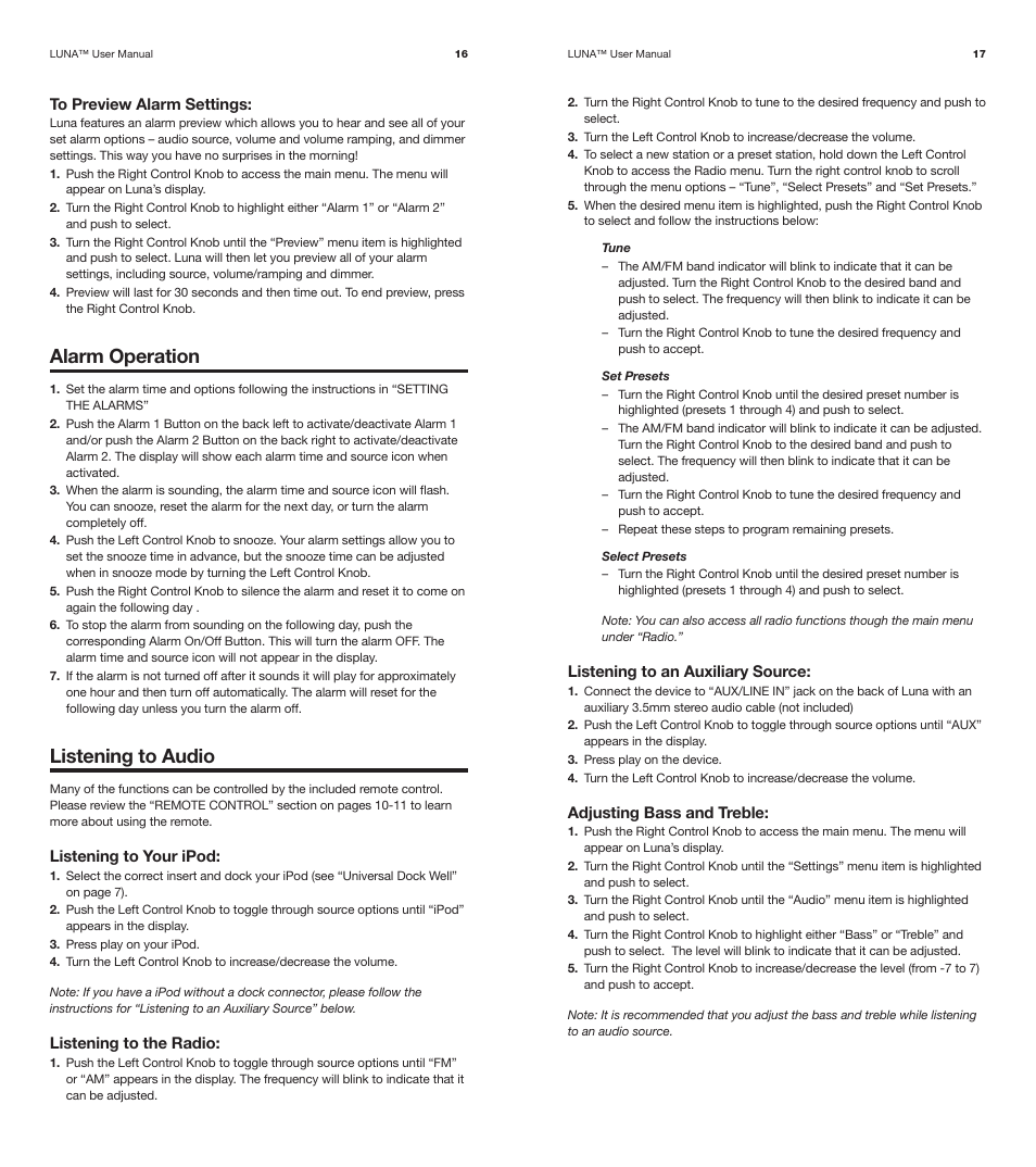 Alarm operation, Listening to audio | XtremeMac Luna Room Audio System User Manual | Page 9 / 13