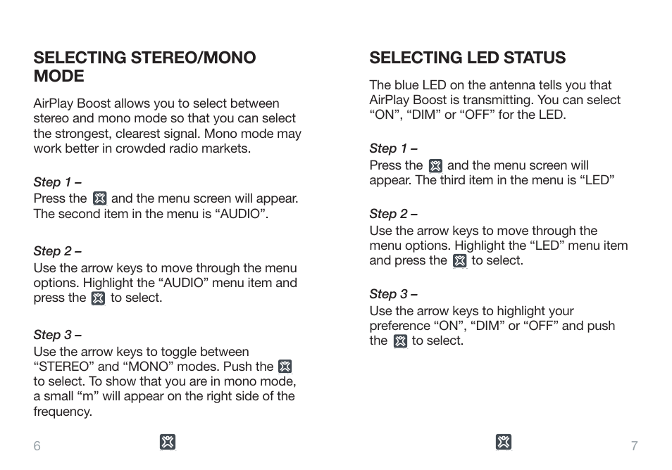 Selecting stereo/mono mode, Selecting led status | XtremeMac Airplay Boost User Manual | Page 4 / 7