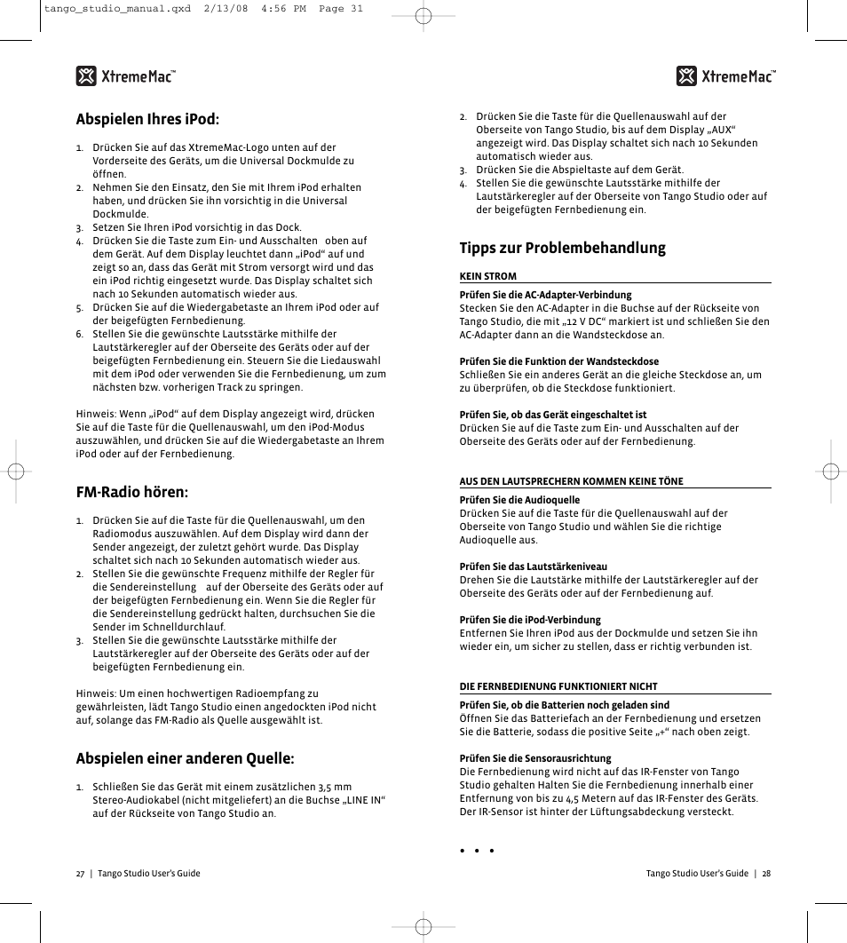 Tipps zur problembehandlung, Abspielen ihres ipod, Fm-radio hören | Abspielen einer anderen quelle | XtremeMac Tango Studio 10182007 User Manual | Page 16 / 20