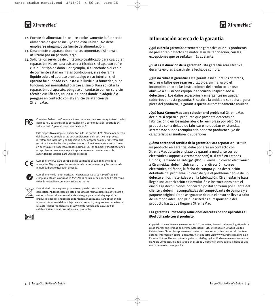 Información acerca de la garantía | XtremeMac Tango Studio 10182007 User Manual | Page 18 / 20