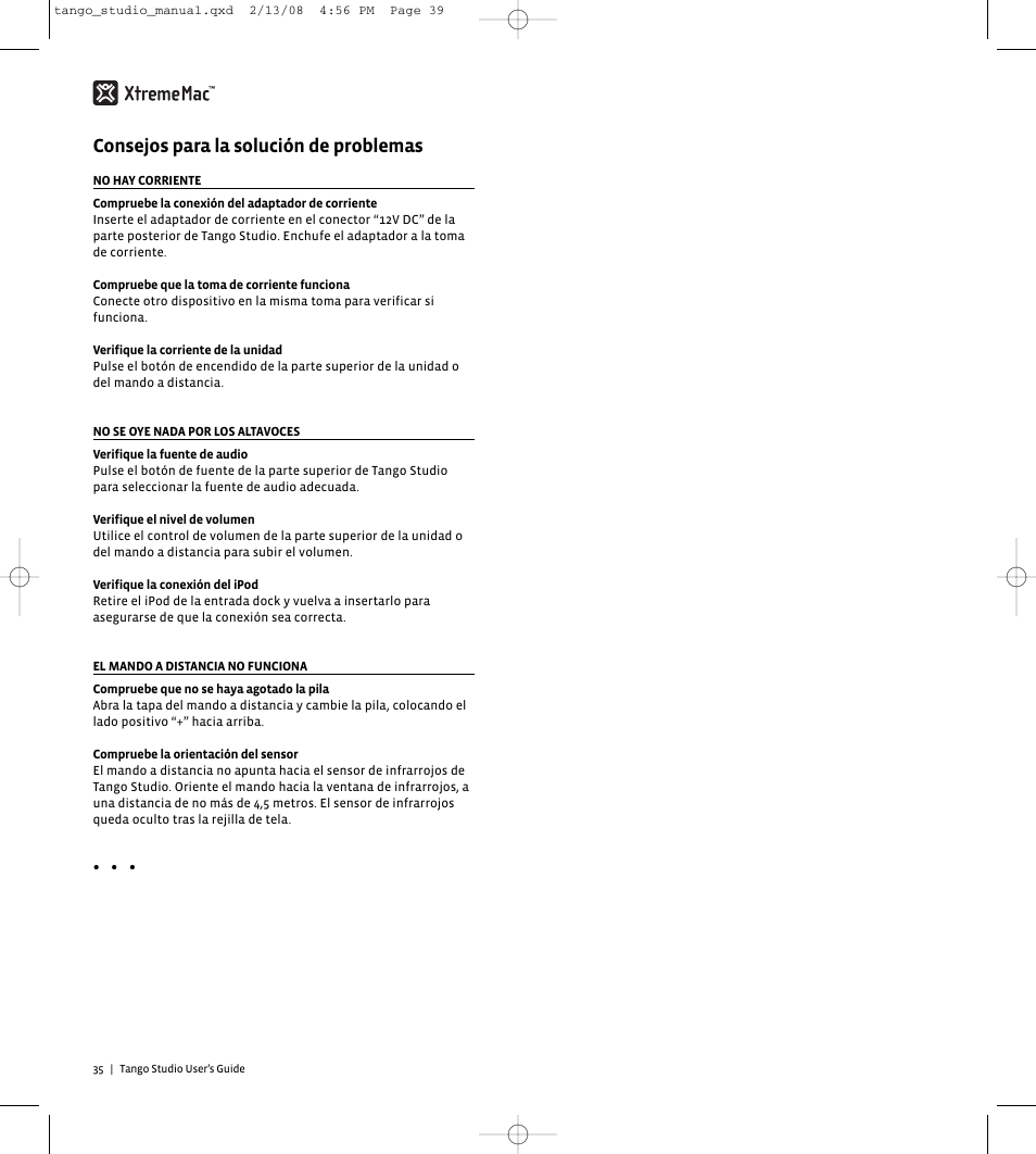 Consejos para la solución de problemas | XtremeMac Tango Studio 10182007 User Manual | Page 20 / 20