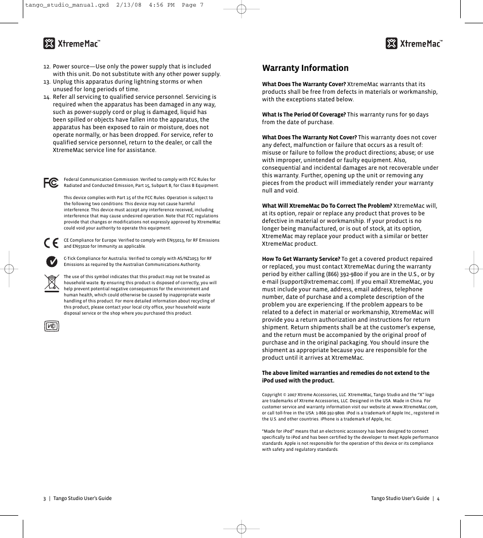 Warranty information | XtremeMac Tango Studio 10182007 User Manual | Page 4 / 20