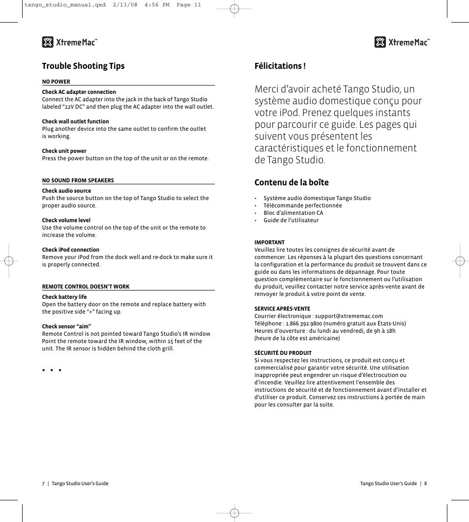Félicitations, Contenu de la boîte, Trouble shooting tips | XtremeMac Tango Studio 10182007 User Manual | Page 6 / 20
