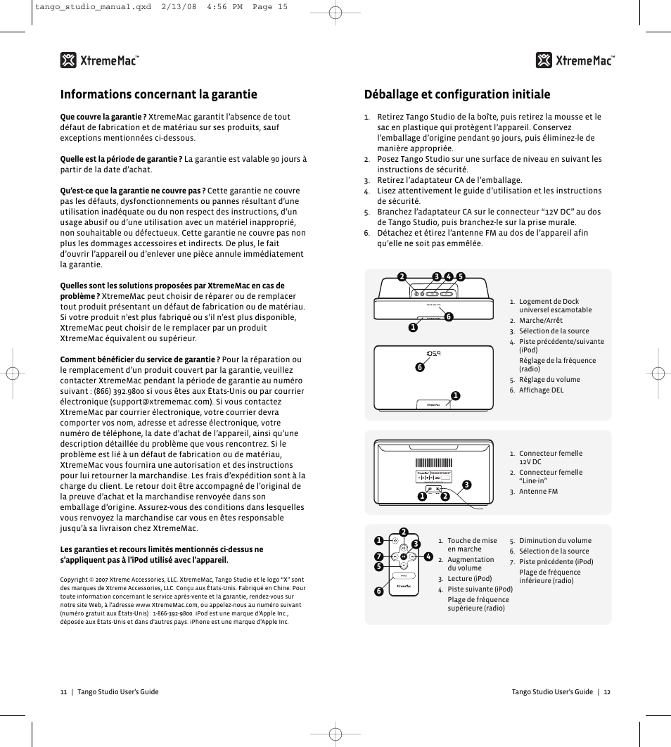 Déballage et configuration initiale, Informations concernant la garantie | XtremeMac Tango Studio 10182007 User Manual | Page 8 / 20