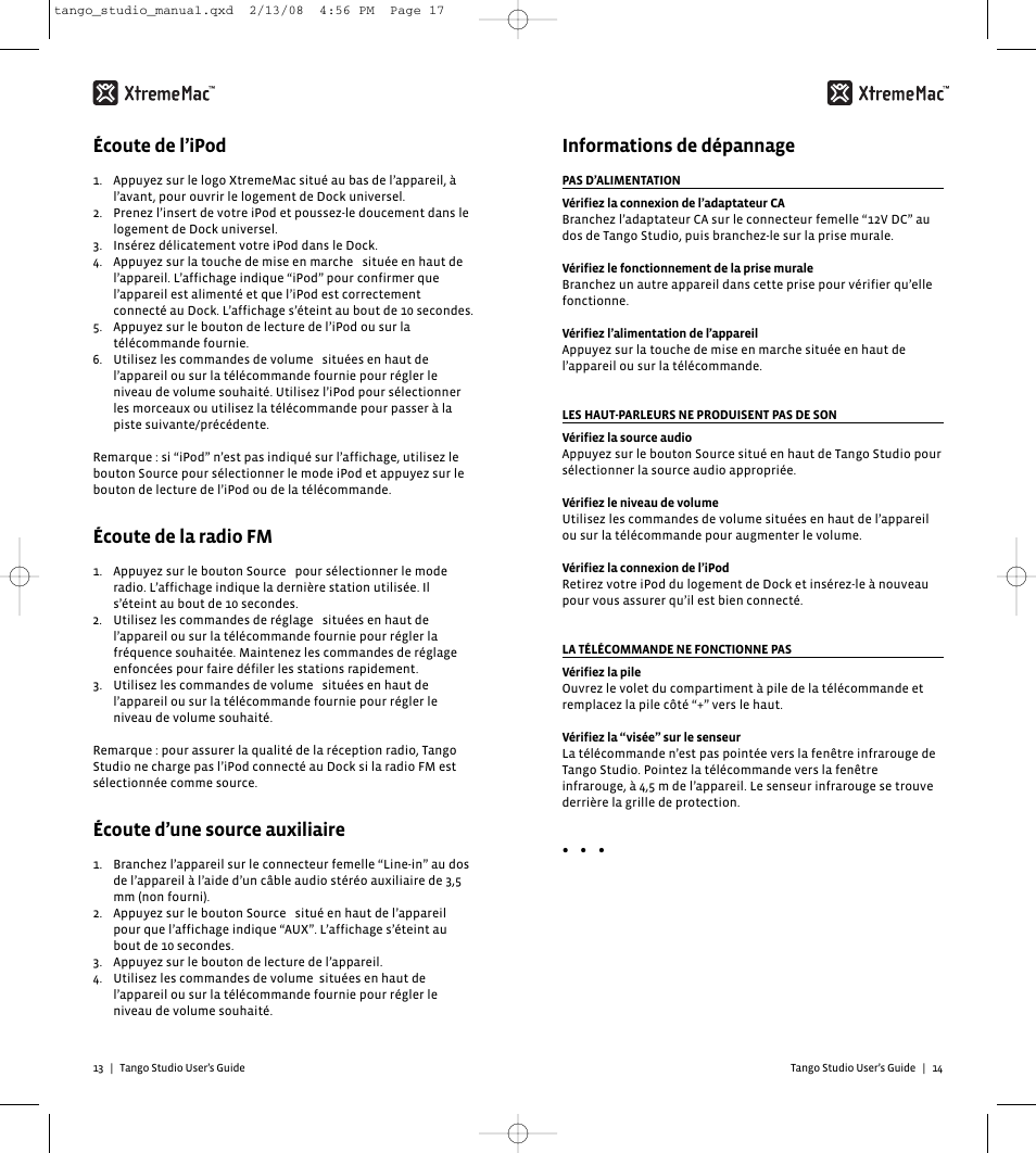 Informations de dépannage, Écoute de l’ipod, Écoute de la radio fm | Écoute d’une source auxiliaire | XtremeMac Tango Studio 10182007 User Manual | Page 9 / 20