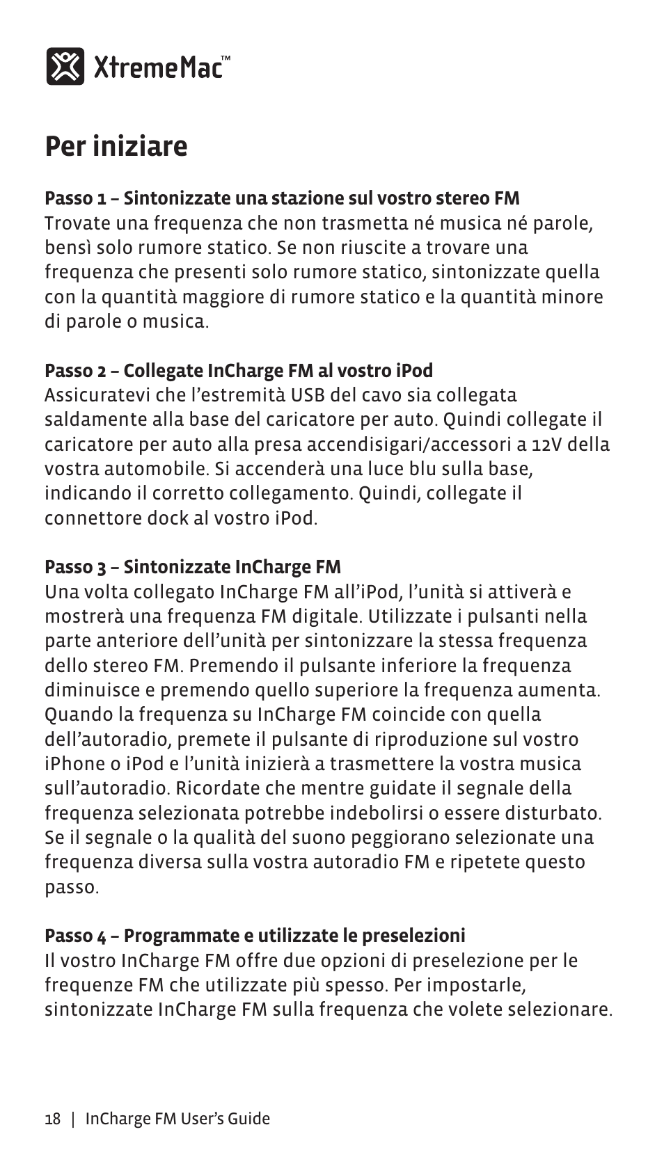 Per iniziare | XtremeMac Incharge FM User Manual | Page 17 / 35