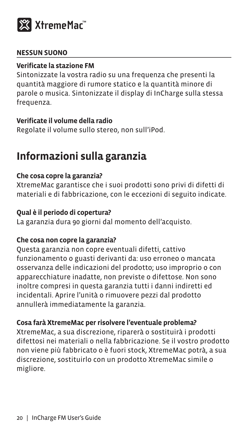 Informazioni sulla garanzia | XtremeMac Incharge FM User Manual | Page 19 / 35