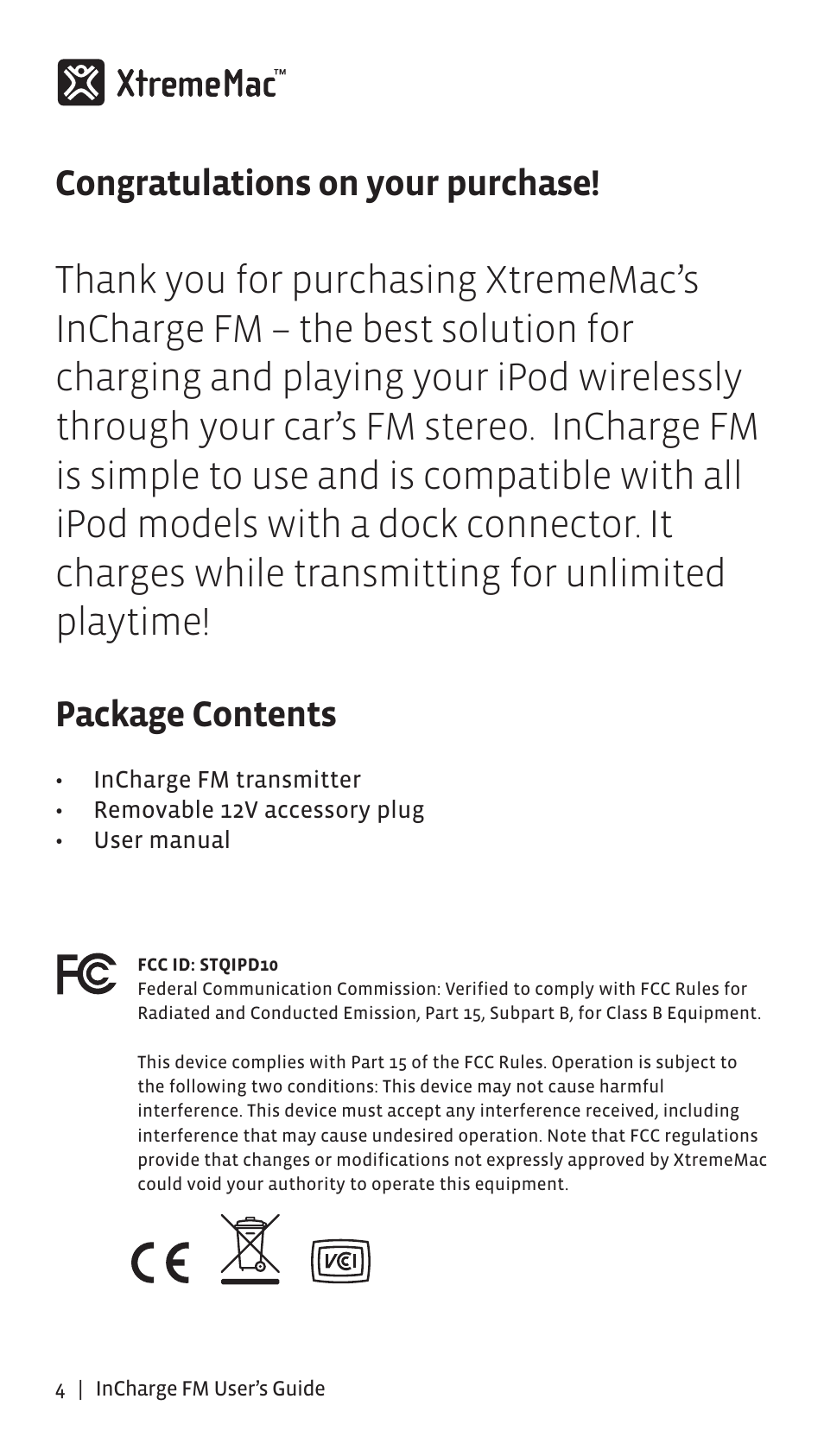 Package contents | XtremeMac Incharge FM User Manual | Page 3 / 35