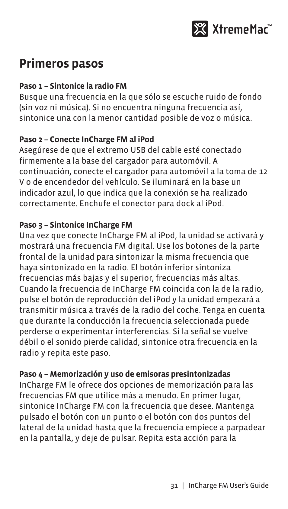 Primeros pasos | XtremeMac Incharge FM User Manual | Page 30 / 35