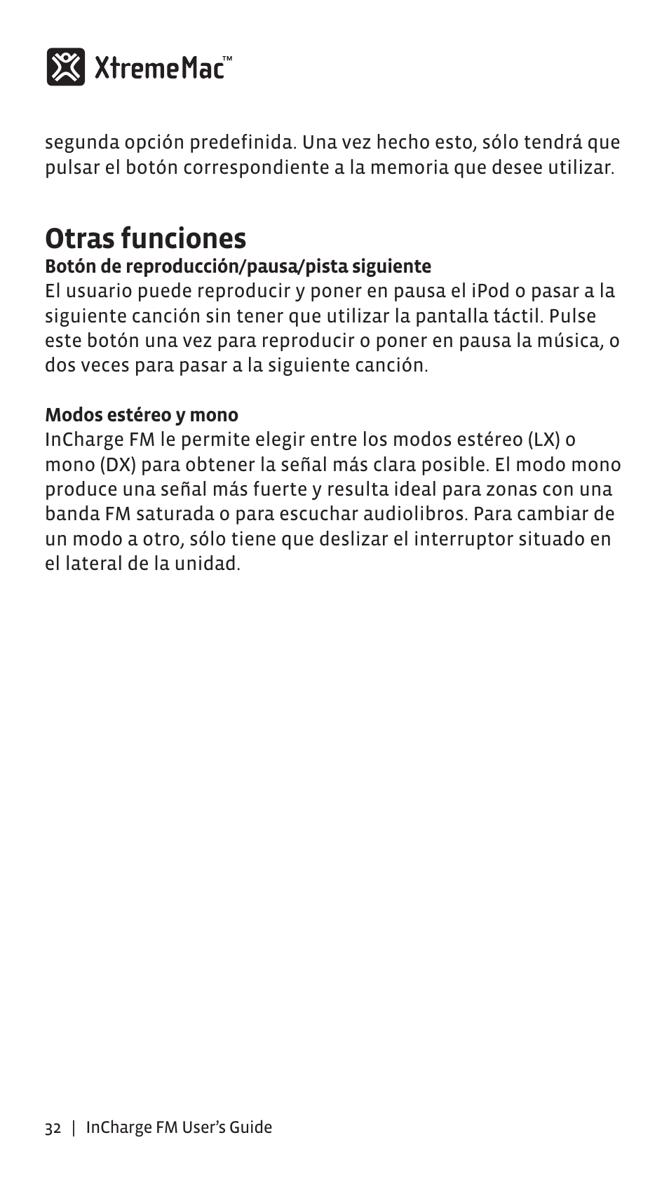 Otras funciones | XtremeMac Incharge FM User Manual | Page 31 / 35