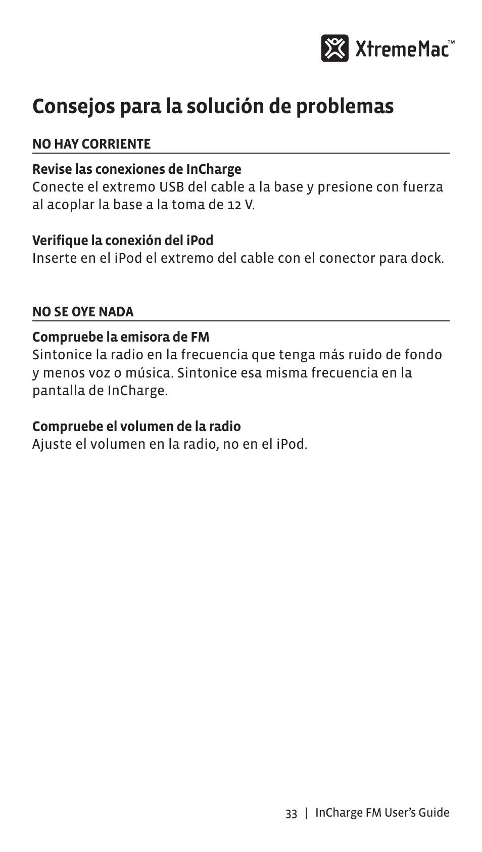 Consejos para la solución de problemas | XtremeMac Incharge FM User Manual | Page 32 / 35