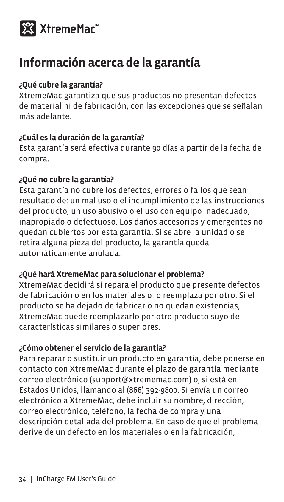 Información acerca de la garantía | XtremeMac Incharge FM User Manual | Page 33 / 35